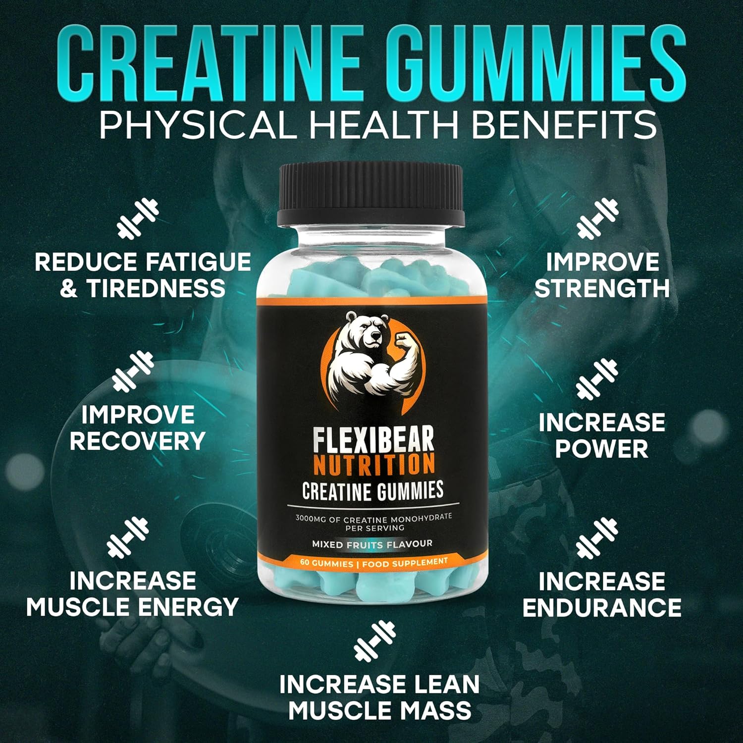 Creatine Gummies 3000mg 60 Gummies 1 Month Supply Creatine Monohydrate Gummies - Pre Workout - Muscle Growth Supplements for Men & Women - Vegan - Mixed Fruit Flavour