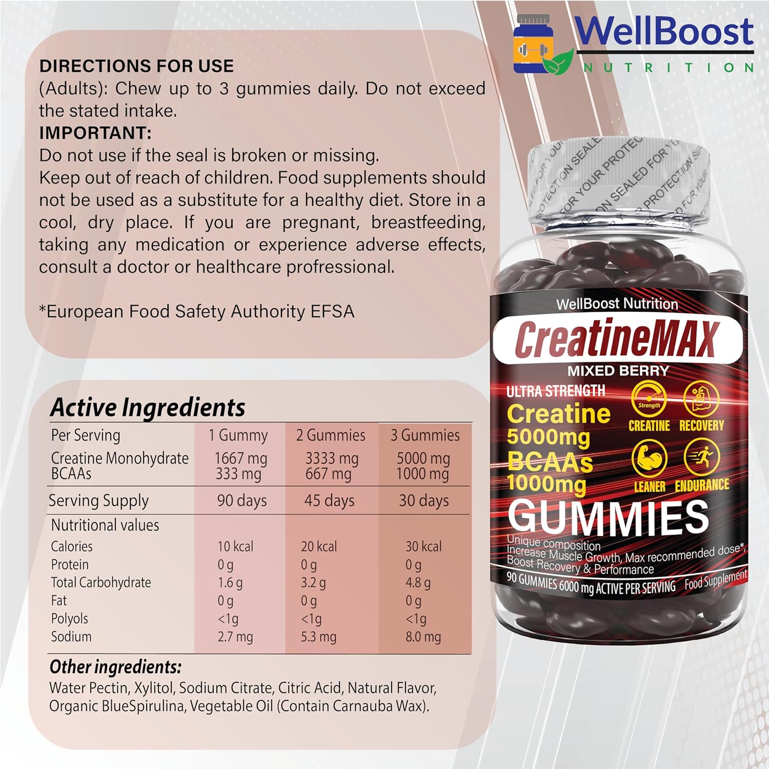 Creatine MAX 90 Gummies 5000mg Creatine Monohydrate, 1000mg BCAAs per Serving - Chewable Vegan Sugar Free Gummies, Mixed Berry Flavour (1 Month Supply)