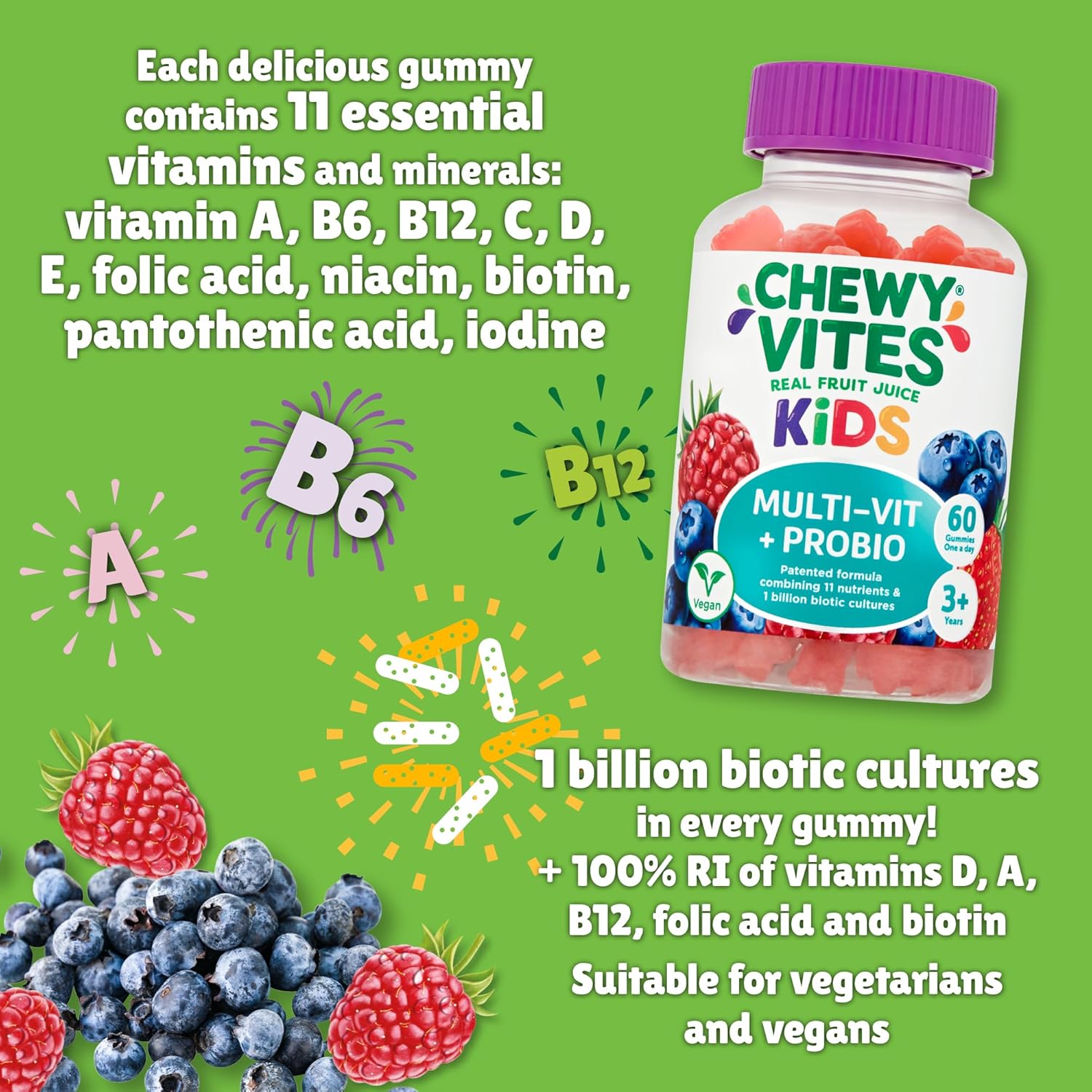 Chewy Vites Kids | Multi-Vit & Probio 60 Gummy Vitamins | 11 Essential Nutrients| 1 Billion Cultures |2 Months Supply | Real Fruit Juice | Vegan | 3 Year+