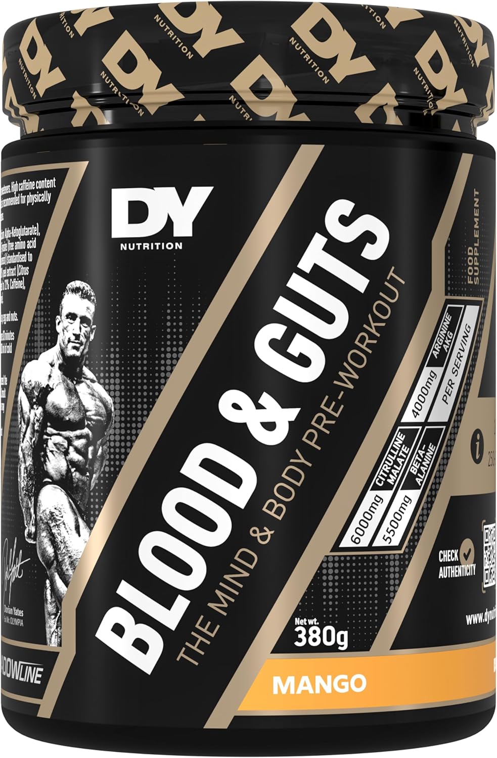 DY Nutrition - Blood and Guts Pre Workout Powder, 380g (Mango) - High Strength Preworkout with 350mg Caffeine, Citrulline Malate, Beta Alanine, Arginine AKG, L-Tyrosine, Vitamin B3 for Men & Women