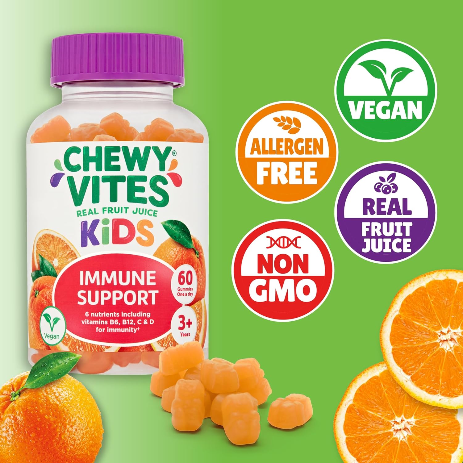 Chewy Vites Kids | Immune Support 60 Gummy Vitamins | High Strength Vitamin D | Vitamin C B6 B12 Zinc Selenium | 1-a-Day | 2 Months Supply | Real Fruit Juice | Vegan | 3 Year+