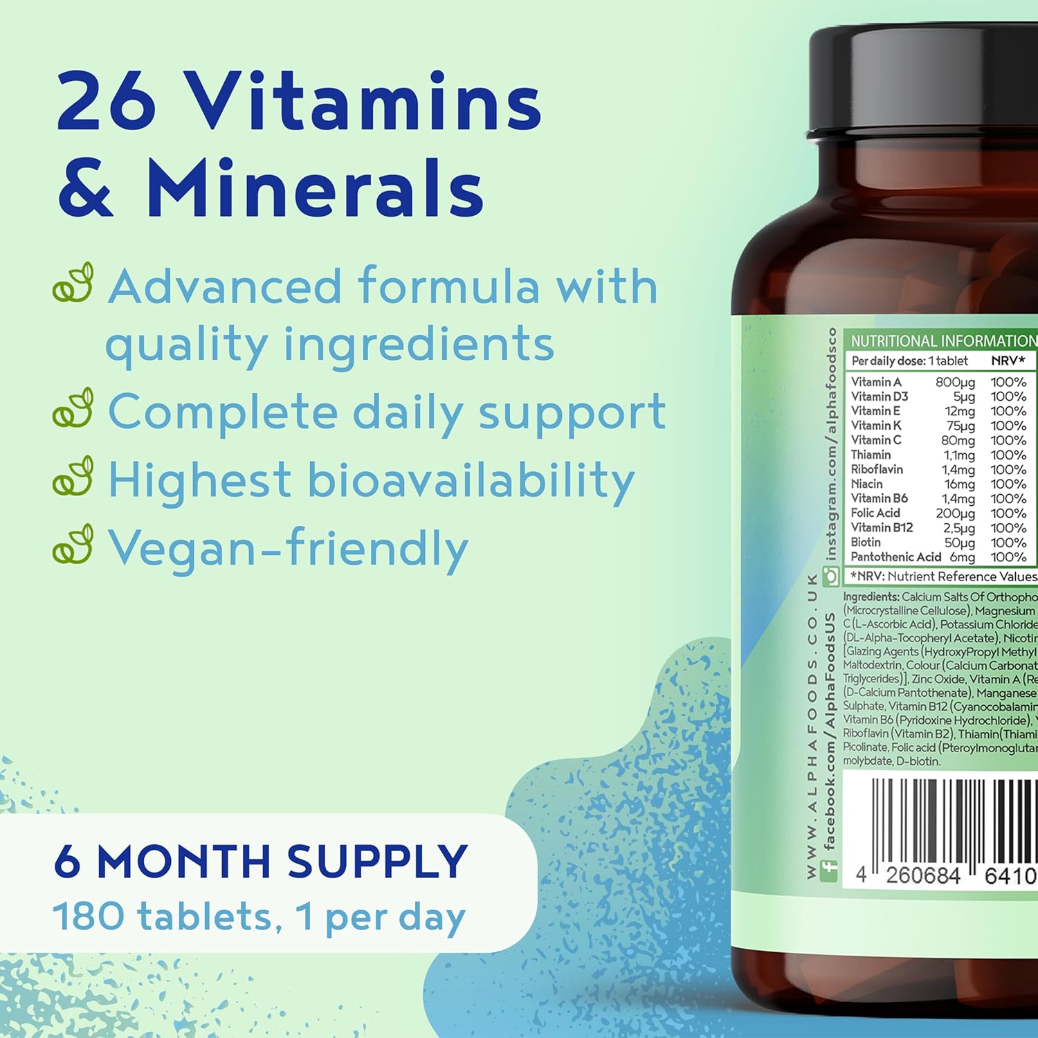 Multivitamins & Minerals - 180 Vegan Multivitamin Tablets for Men and Women - 26 Essential Active Vitamins & Minerals with Vitamin D, B12, VIT C, Magnesium and Zinc - Made in The UK - Alpha Foods