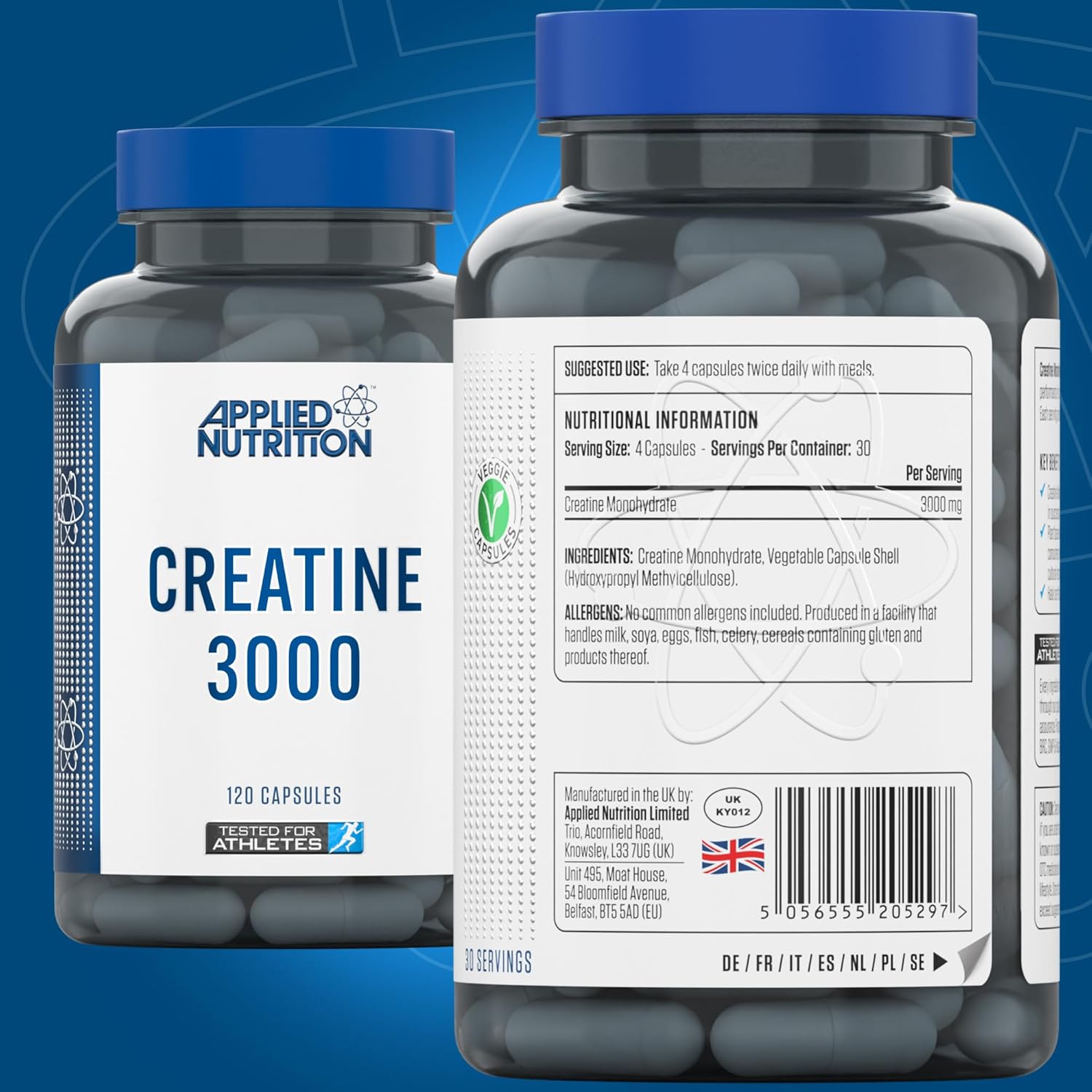 Applied Nutrition Creatine 3000 - Creatine Monohydrate Capsules 3000mg Per Serving, High Strength Supplement, Increases Physical Performance (120 Capsules - 30 Servings) (New)