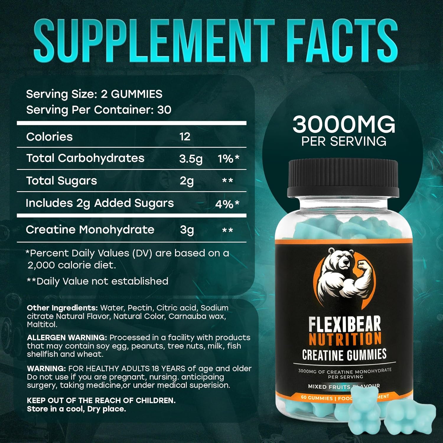 Creatine Gummies 3000mg 60 Gummies 1 Month Supply Creatine Monohydrate Gummies - Pre Workout - Muscle Growth Supplements for Men & Women - Vegan - Mixed Fruit Flavour