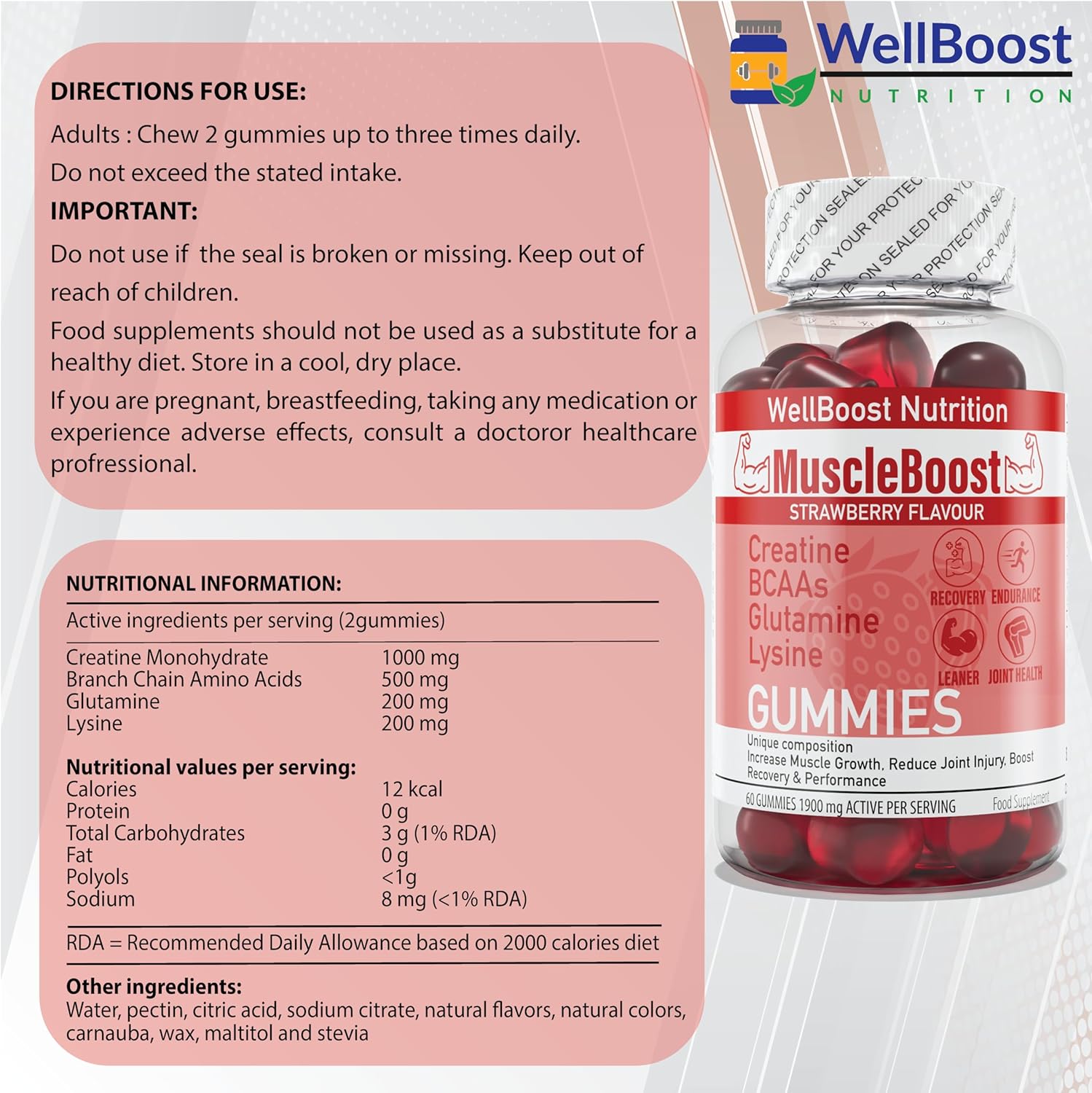 MuscleBoost Creatine BCAA Glutamine Lysine Chewable Gummies for Men & Women - 60 Gummies - 1900mg Active per Serving - Natural Strawberry Flavour, Suitable for Vegans