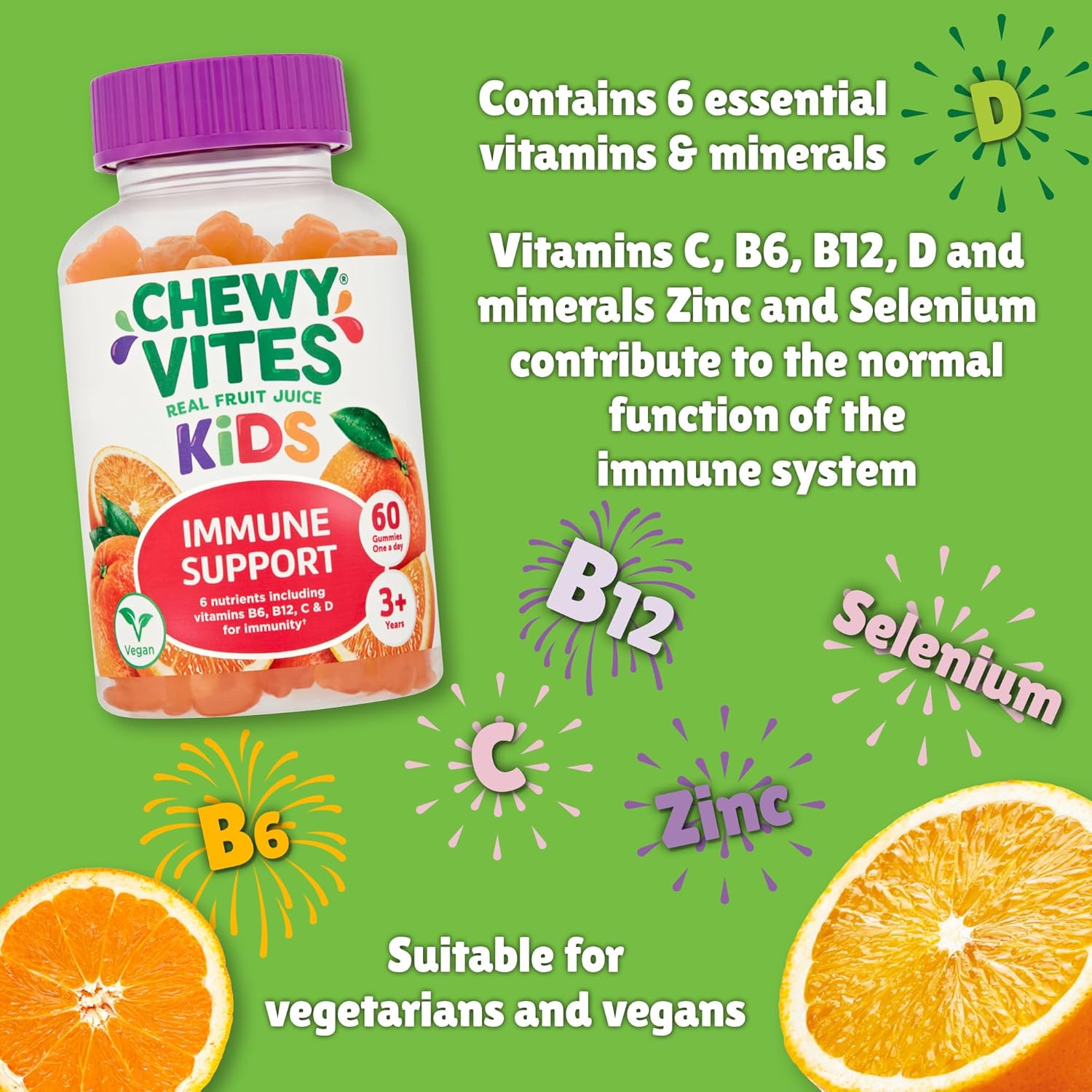 Chewy Vites Kids | Immune Support 60 Gummy Vitamins | High Strength Vitamin D | Vitamin C B6 B12 Zinc Selenium | 1-a-Day | 2 Months Supply | Real Fruit Juice | Vegan | 3 Year+