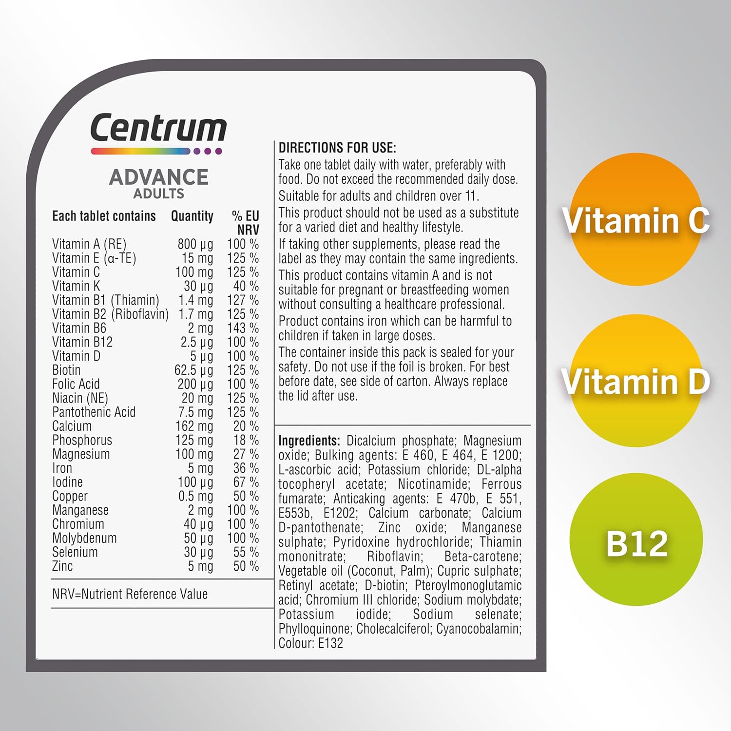 Centrum Advance Multivitamin Tablets for Men and Women, 100 Tablets, Vitamins with 24 Essential Nutrients, including Vitamin C, D, and Zinc