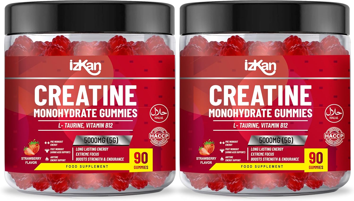 Creatine Gummies 5000mg (5G) for Men & Women - 90 Chewable Creatine Monohydrate Gummies Strawberry Flavoured | Pre Workout Gym Supplement| Muscle Boost| 3 Per Day - Vegan & Halal (2X)