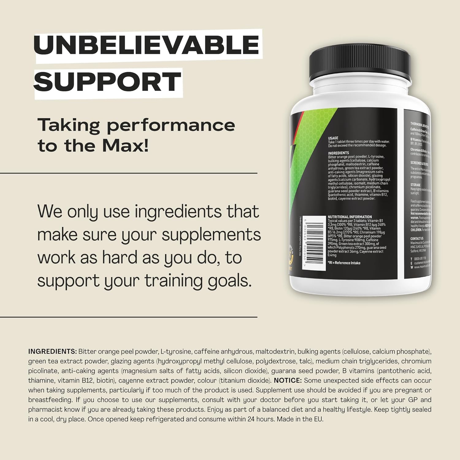 MaxiNutrition - Thermobol, Metabolism Supplement for Lean Muscle Support - Contains Chromium and Biotin, High in B Vitamins - 100mg Green Tea Extract, 130mg Caffeine per Serving, 90 Tablets