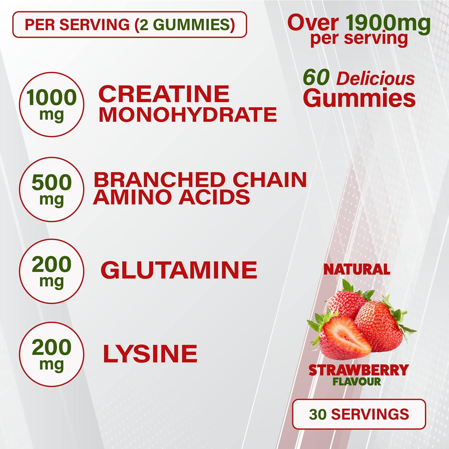 MuscleBoost Creatine BCAA Glutamine Lysine Chewable Gummies for Men & Women - 60 Gummies - 1900mg Active per Serving - Natural Strawberry Flavour, Suitable for Vegans