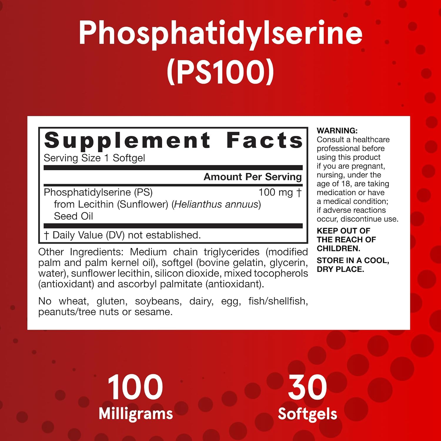 Jarrow Formulas PS100 Phosphatidylserine 100 mg, Dietary Supplement for Brain Health and Cognition Support, 30 Softgels, 10-30 Day Supply