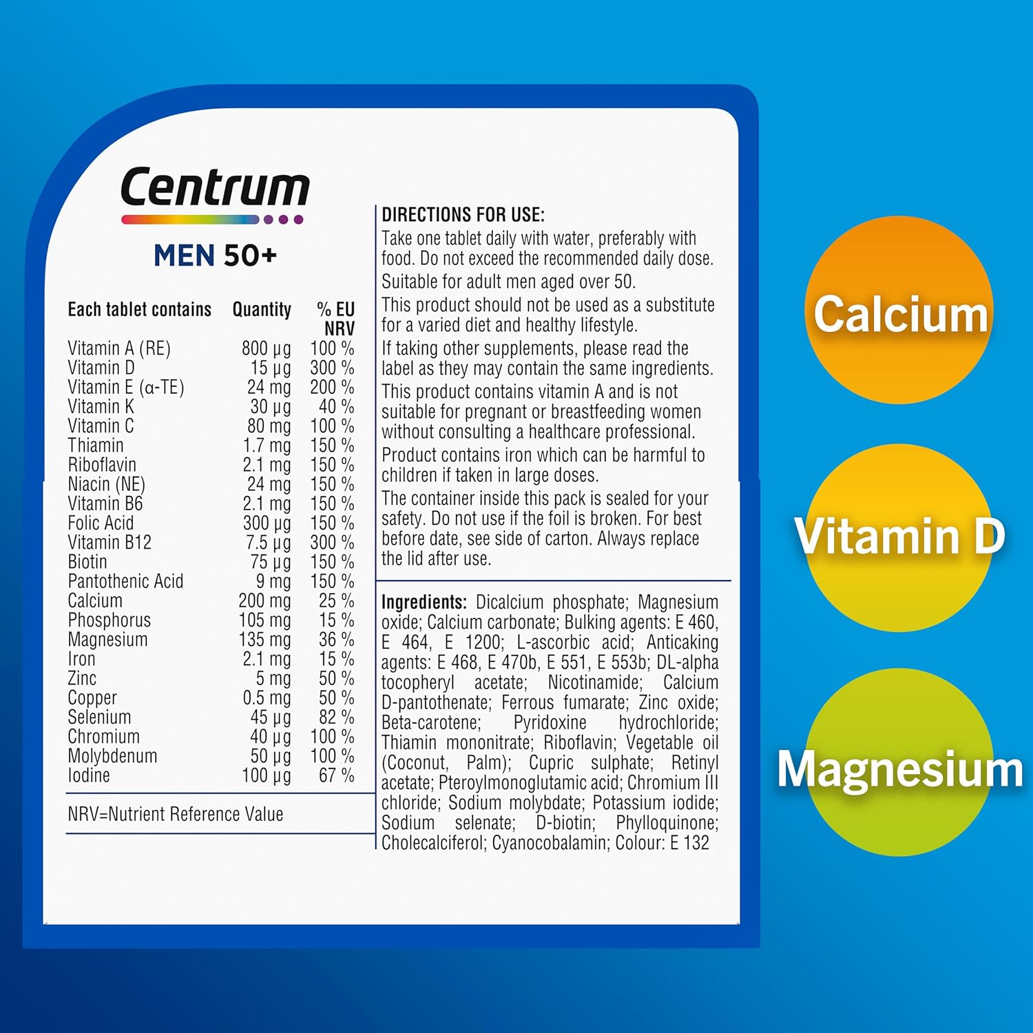 Centrum Men 50+ Multivitamin Tablets for Men, 30 Tablets, Vitamins with 23 Essential Nutrients, including Vitamin C, D and Zinc (Packaging and Tablet colour may vary slightly)