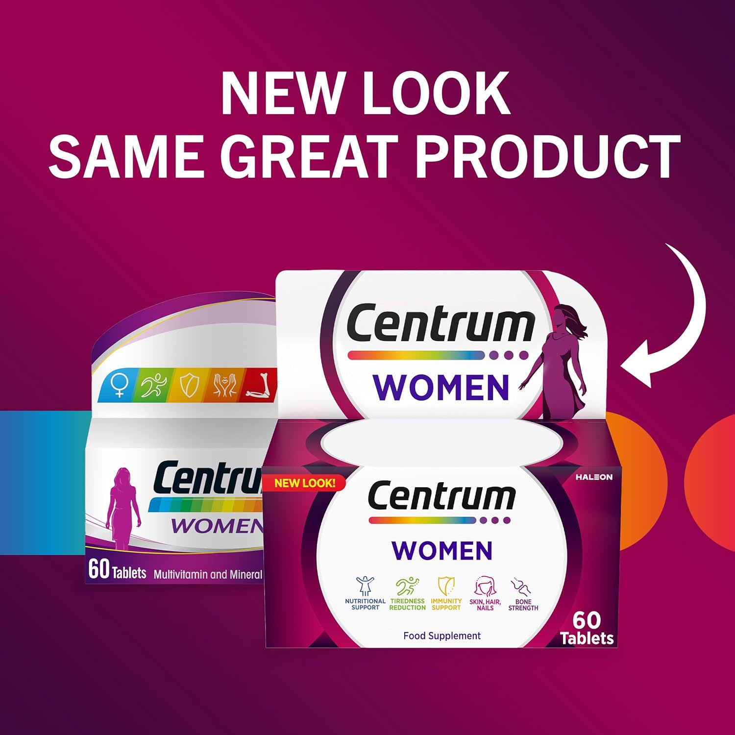 Centrum Women Multivitamin Tablets for Women, 60 Tablets, Vitamins with 23 Essential Nutrients, including Vitamin C, D, and Iron (Packaging and Tablet colour may vary slightly)