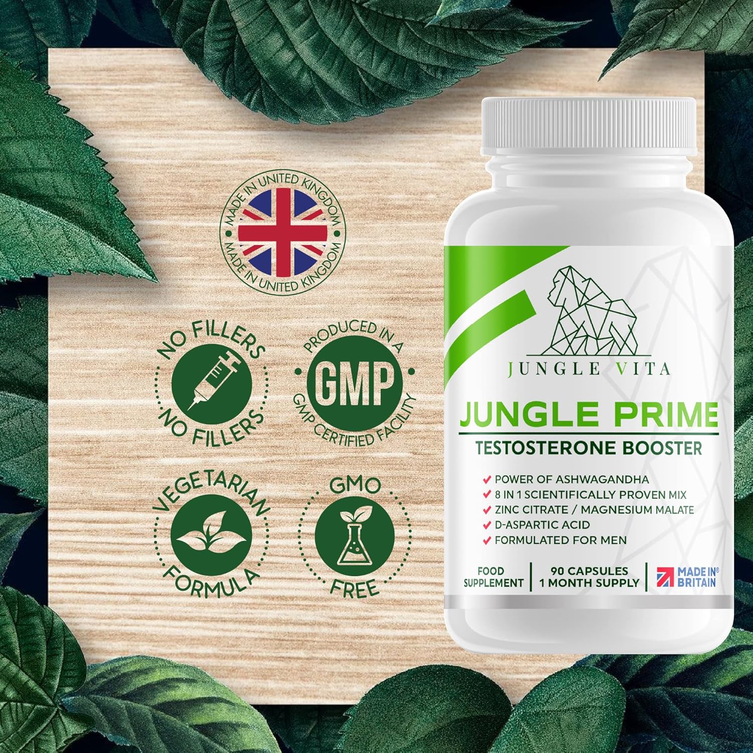 Jungle Prime/All-Natural Premium Testosterone Booster for Men - / 90 Caps, 1 Month Supply/Magnesium Malate, Zinc, Ashwagandha, D-Aspartic Acid, Boron/Contributes to Healthy Testosterone Levels