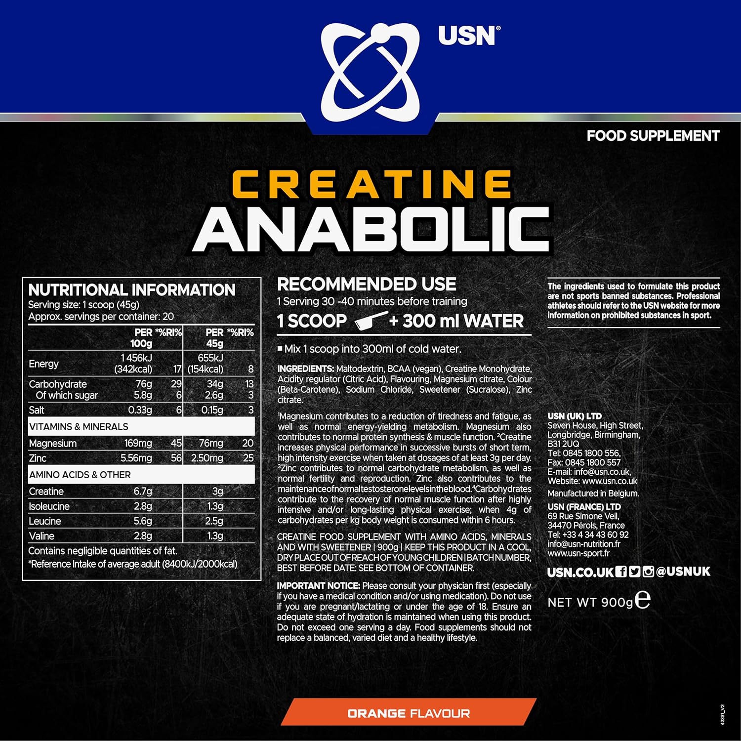 USN Creatine Anabolic all in One Creatine Amino Muscle Building Stack, Orange, 900g