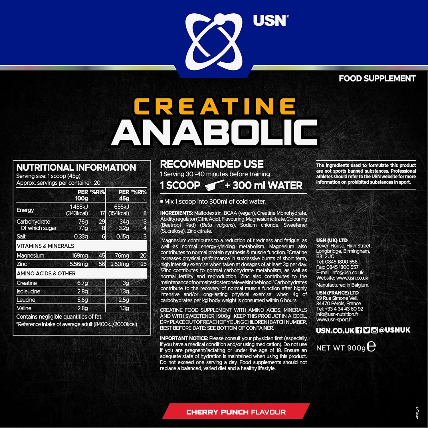 USN Creatine Anabolic all in One Creatine Amino Muscle Building Stack, Cherry, 900 g (Pack of 1)