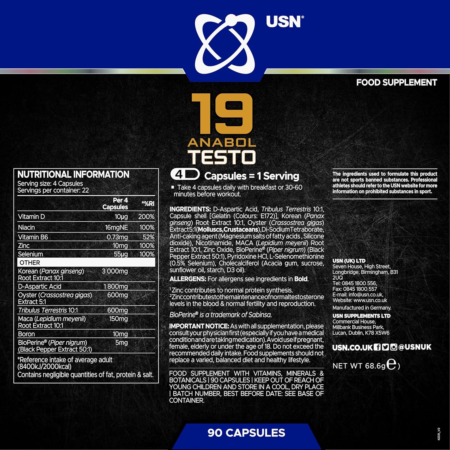 USN 19-Anabol Testo, Testosterone Supplements for Men - 90 Capsules, Boosts Strength Training & Reduces Fatigue, Natural Pre Workout Testosterone Booster, Daily Dietary Supplement