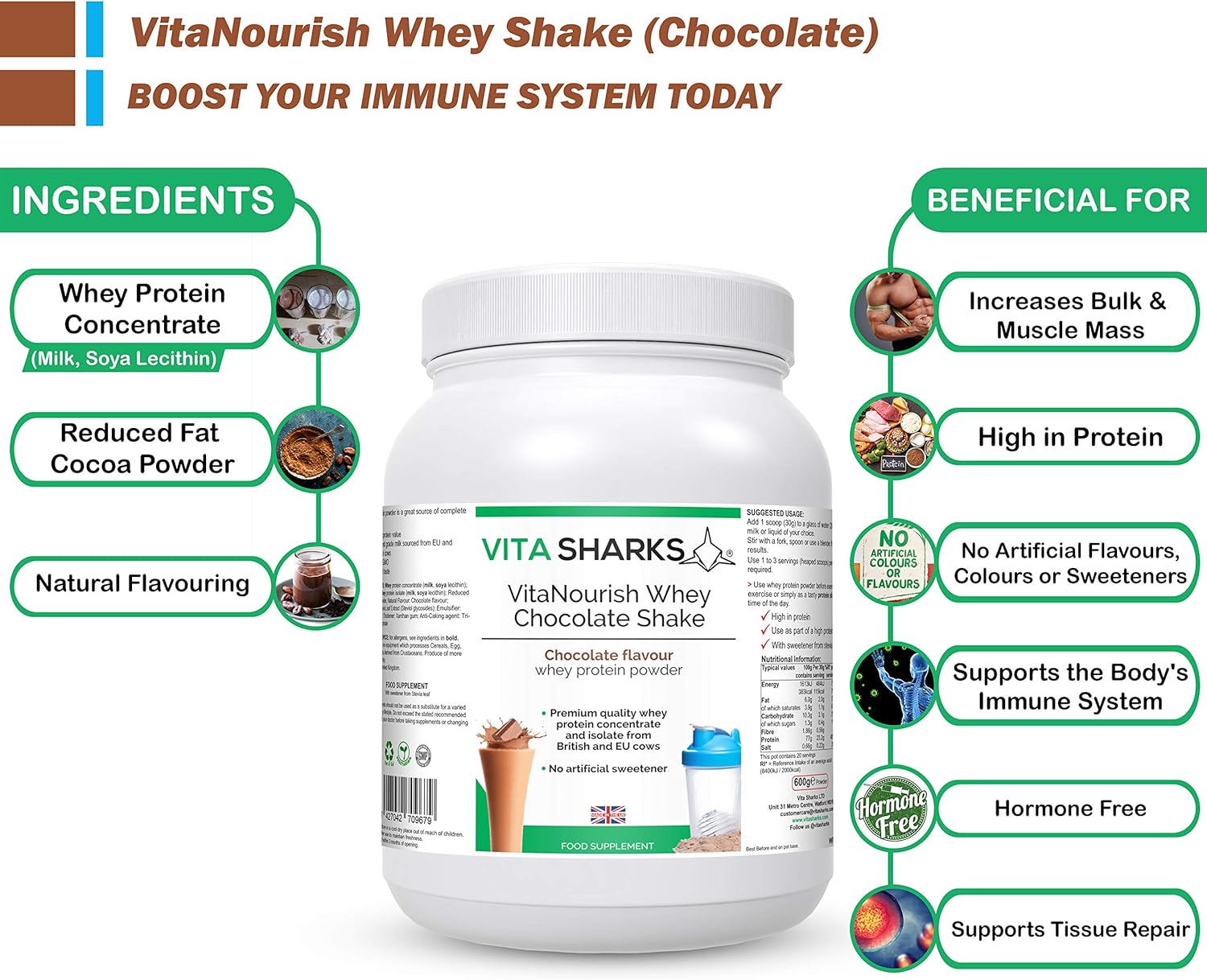 VitaNourish Whey Shake (Chocolate) - High Protein Vegetarian Powder Drink for Increased Muscle Mass, Bone Health, Appetite Control & Immune Boost. Natural NO GMO Formula