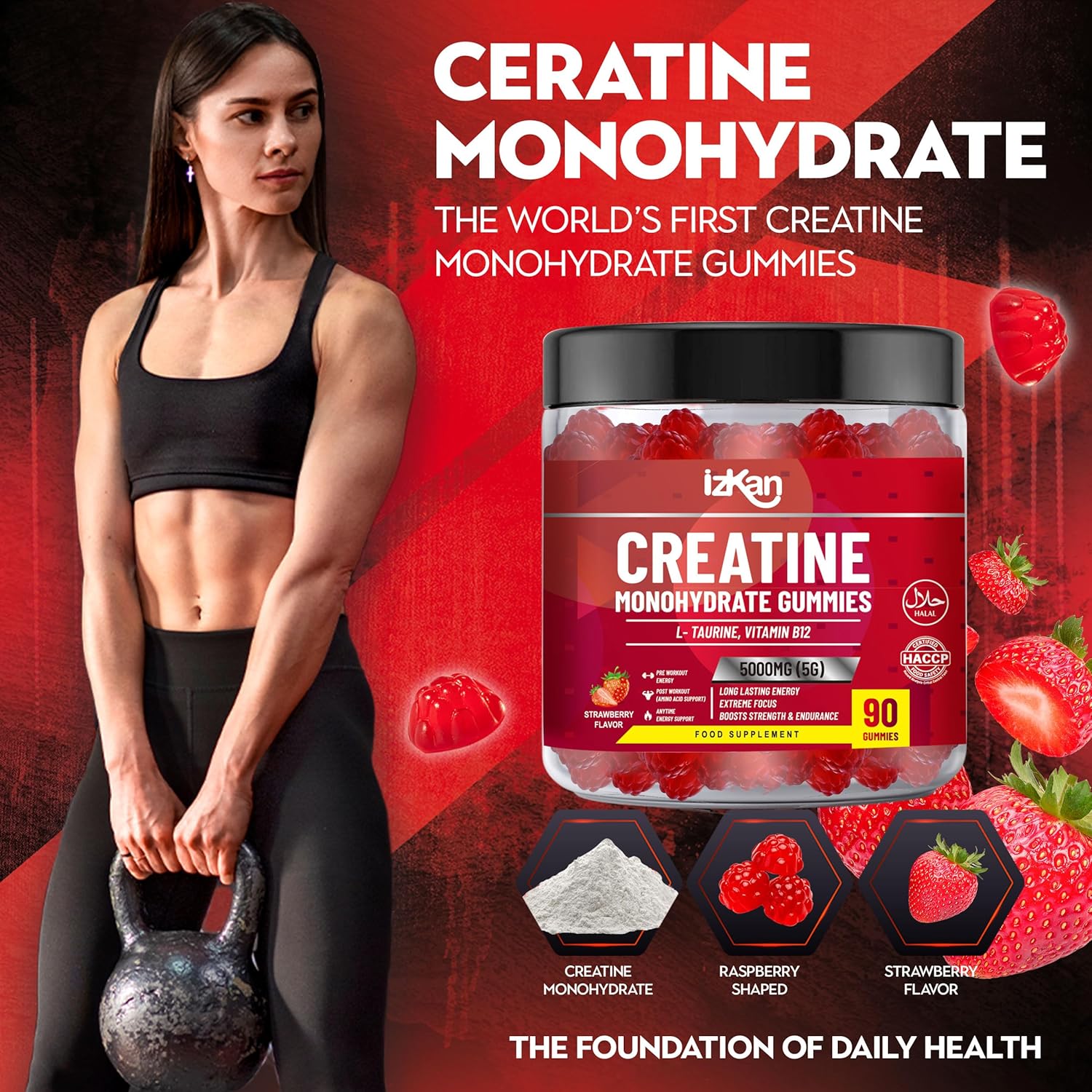 Creatine Gummies 5000mg (5G) for Men & Women - 90 Chewable Creatine Monohydrate Gummies Strawberry Flavoured | Pre Workout Gym Supplement| Muscle Boost| 3 Per Day - Vegan & Halal (2X)