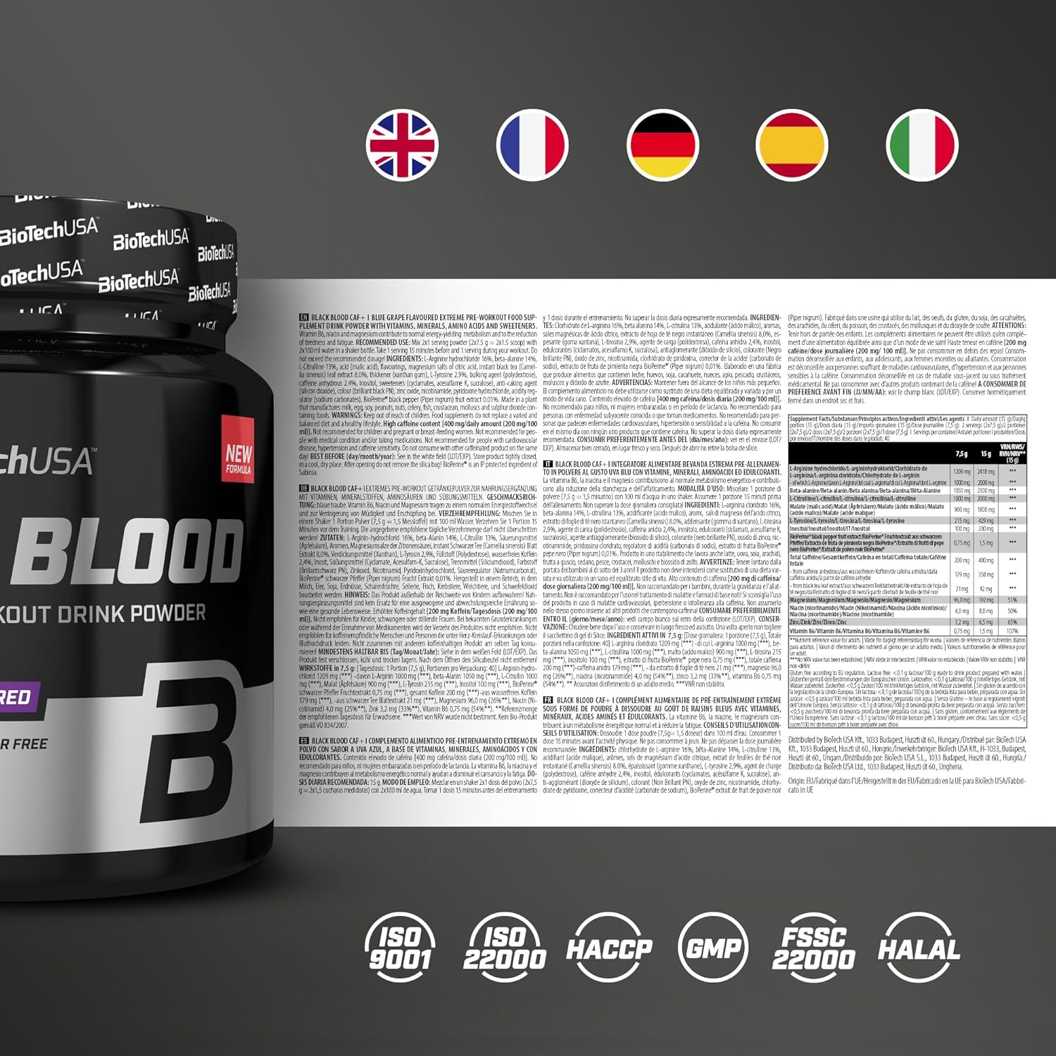 BioTechUSA Black Blood CAF+ | Preworkout Drink Powder | 12 Active Ingredients | 200mg Caffeine per Serving | Sugar, Lactose, and Gluten-Free, 300 g, Blue Grape