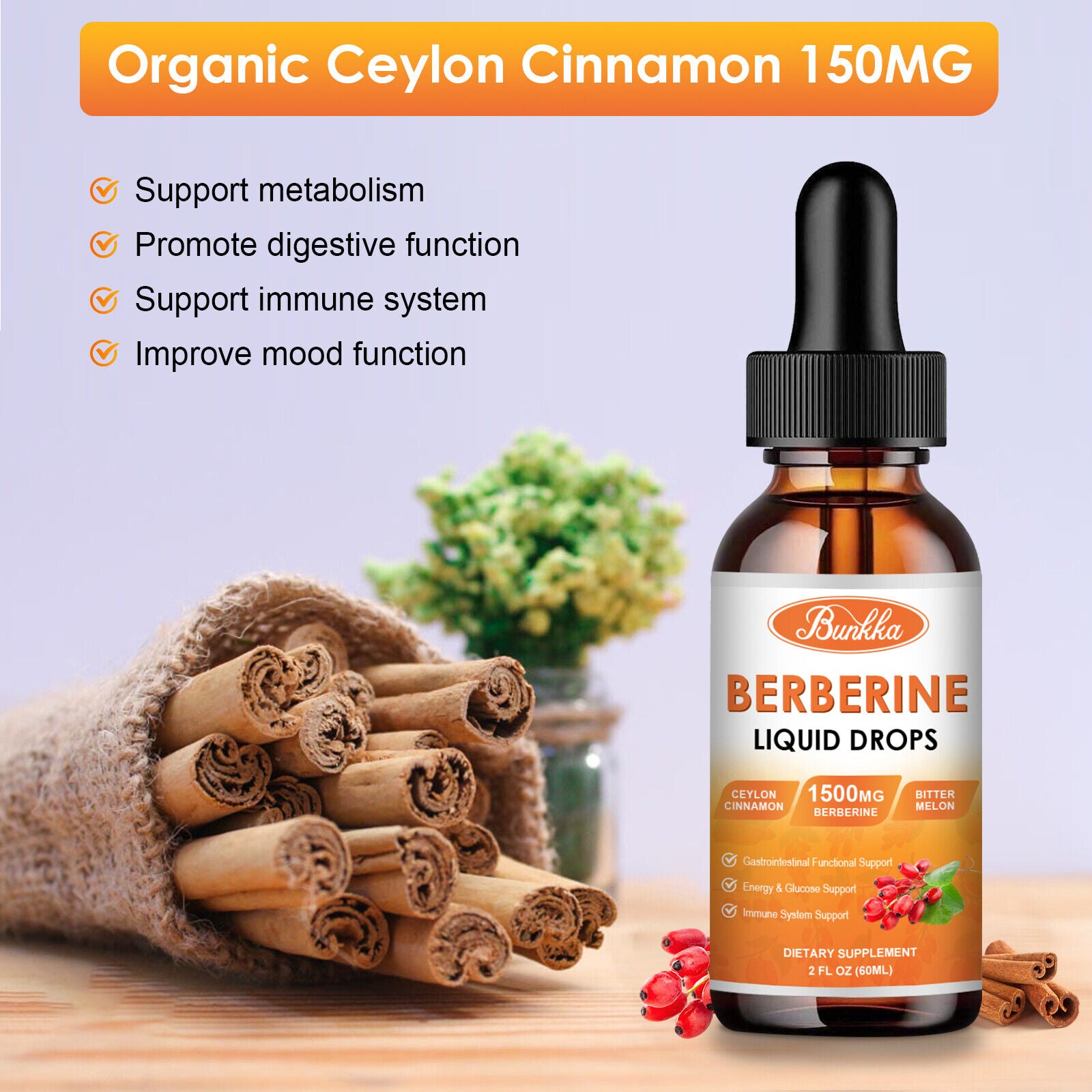 60ML Berberine Supplement, 1500Mg Organic Liquid Drops Dietary Supplement