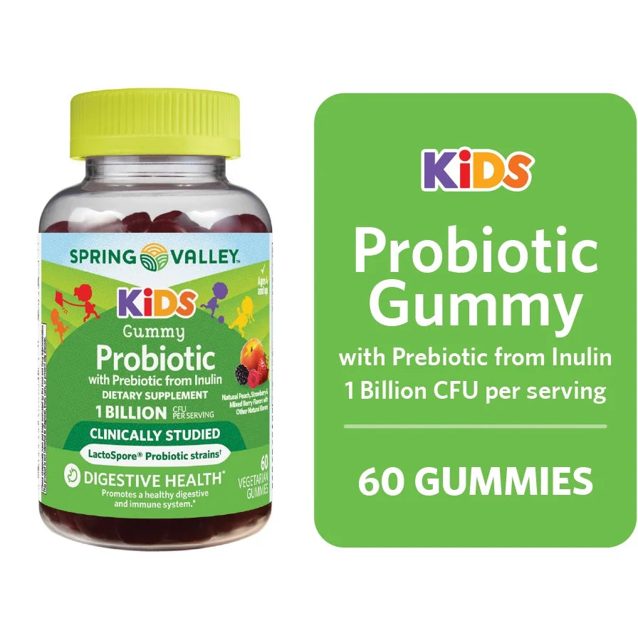 Spring Valley Kids Inulin Probiotic Supplement Vegetarian Gummies, Assorted Fruit, 60 Count