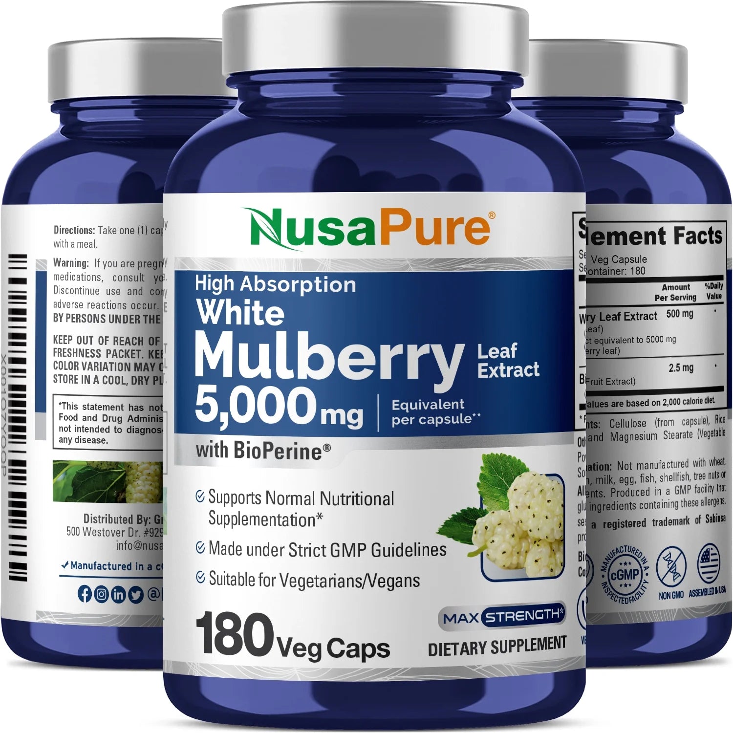 5,000Mg White Mulberry Leaf Extract 180 Veggie Caps with Bioperine, a Vegetarian Dietary Supplement Promoting Adult Wellness, Better Health, and a Unisex Approach